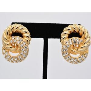 Gay Boyer Vintage Crystal Rope Clip On Earrings Linked Circle Signed 1980s BinAY